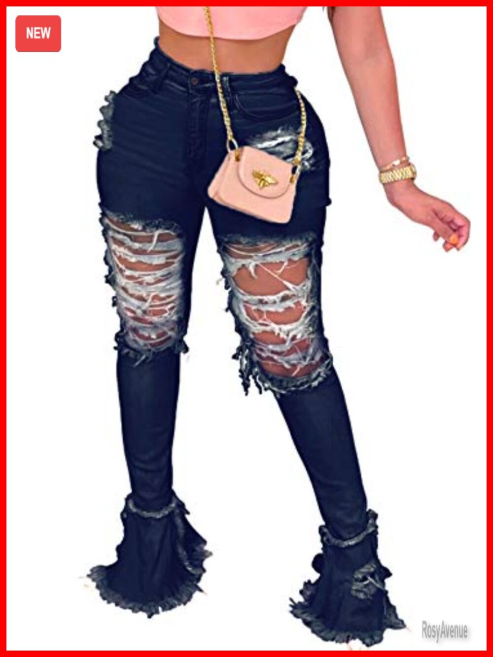 Women's Bell Bottom Flare Jeans Ripped Raw Hem High Rise Denim